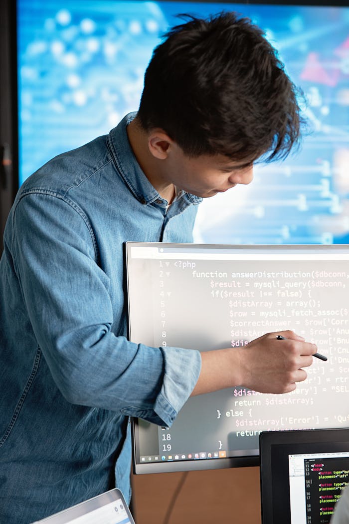 services-04 Asian male programmer writing code on a computer monitor in an office setting.